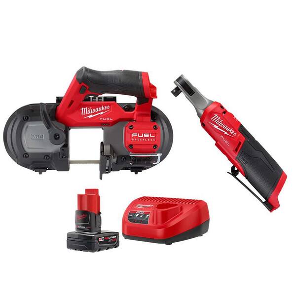 Milwaukee M12 FUEL 12-Volt Lithium-Ion Cordless Compact Band Saw and M12 FUEL High Speed 3/8 in. Ratchet with Battery and Charger