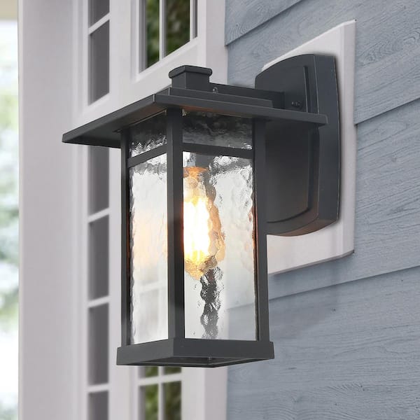 Lnc Craftsman 13 5 In H 1 Light Textured Black Outdoor Wall Lantern Sconce With Water Glass Shade Exterior Fixture A03321 The Home Depot - Craftsman Style Porch Ceiling Light