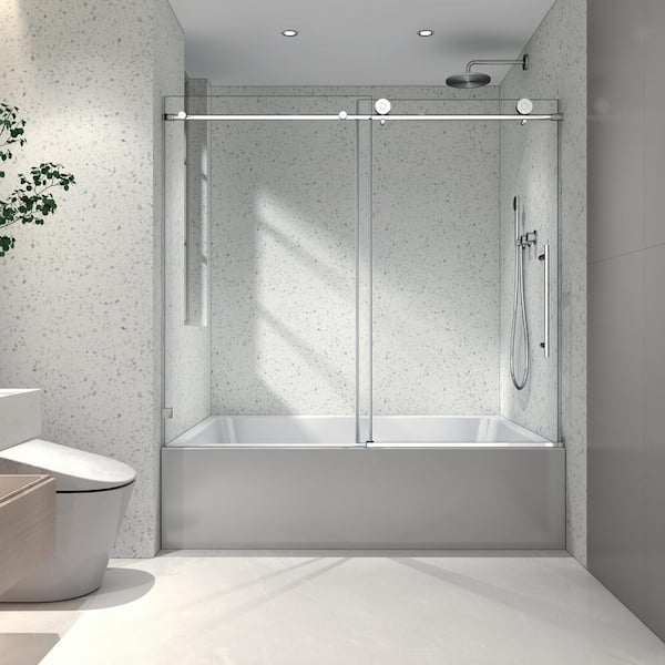 JimsMaison 60 in. W x 63 in. H Sliding Tub Door in Chrome with Clear Glass