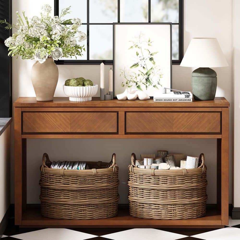 55 in. Honey Rectangle MDF Console Table Entryway Table Elegant Sofa Table 