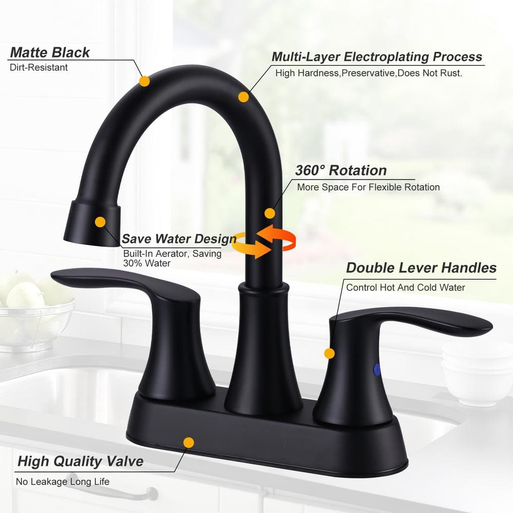 Matte Black 4-Inch Centerset Double Handle High Arc Bathroom Faucet