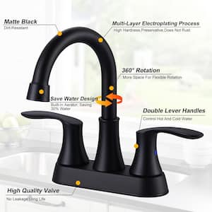 4 in. Centerset Double Handle 3 Holes High Arc Bathroom Faucet with Pop-Up Drain in Matte Black