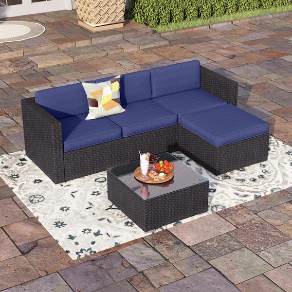 PHI VILLA Dark Brown Rattan Wicker 4 Seat 5-Piece Steel Outdoor Patio Sectional Set with Blue Cushions,Ottoman and Coffee Table