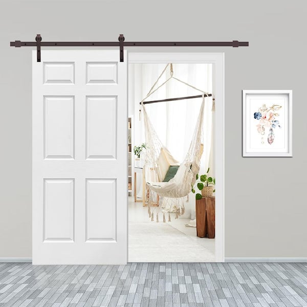 30 in. x 80 in. White Painted Composite MDF 6-Panel Interior Sliding Barn Door with Hardware Kit