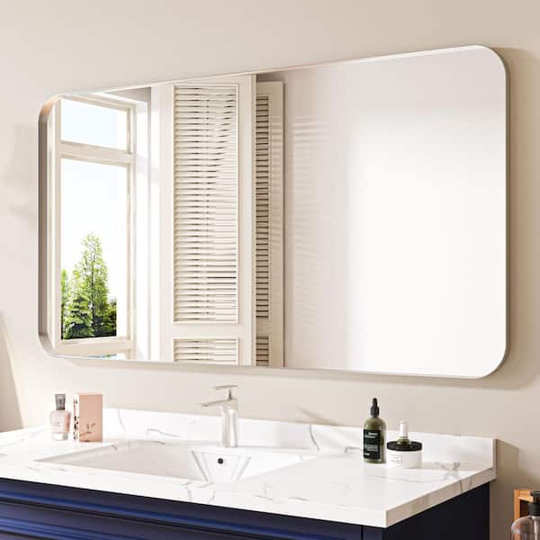 55 in. W x 30 in. H Rectangular Aluminum Framed Wall Bathroom Vanity Mirror in Sliver