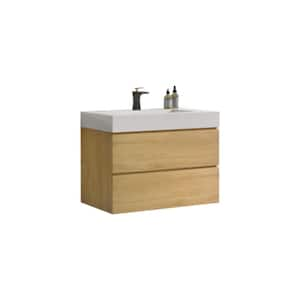 30 in. Single Sink Wall Mounted Natural Oak Bath Vanity with White Solid Surface Top Unassembled