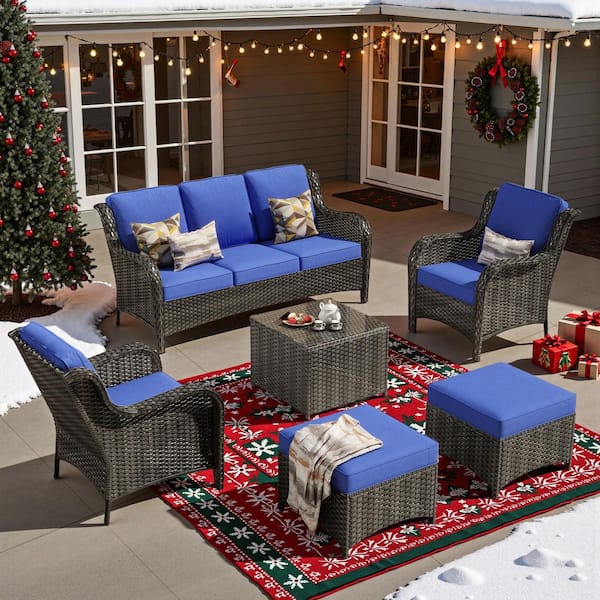 Clario 6-Piece Wicker Patio Conversation Set with Navy Blue Cushion, 2 Ottomans, 2 Single Chair & Coffee Table