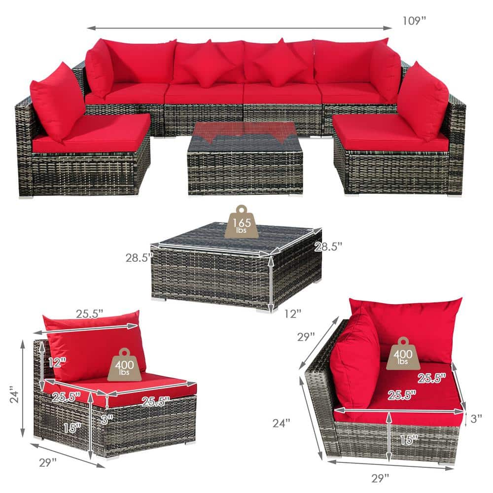 Red 7-Piece Outdoor Wicker Sectional Sofa Set with Cushions