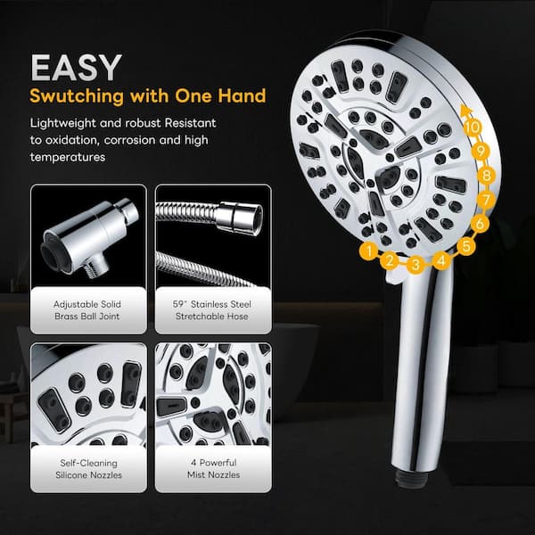 1-Piece Magnetitc High Pressure 10 Ways Handheld Shower Head in Chrome with Anti-clog Nozzles and Built-in 2 Power Jet