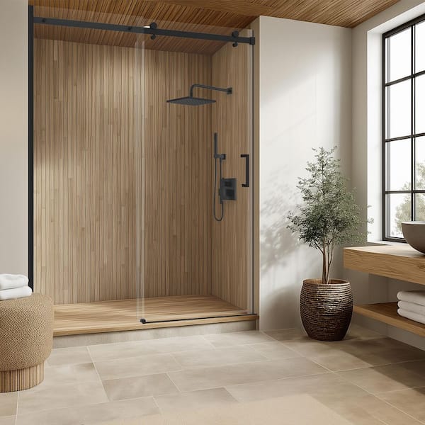 Commix 54-3/8 to 60 in. W x 76 in. H Frameless Exposed Roller Sliding Shower Door in Matte Black, 5/16 in. Clear Glass