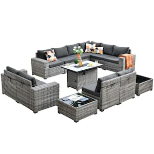 Tahoe Grey 13-Piece Wicker Wide Arm Outdoor Patio Conversation Sofa Set with a Fire Pit and Black Cushions
