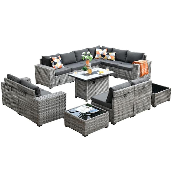 Tahoe Grey 13-Piece Wicker Wide Arm Outdoor Patio Conversation Sofa Set with a Fire Pit and Black Cushions