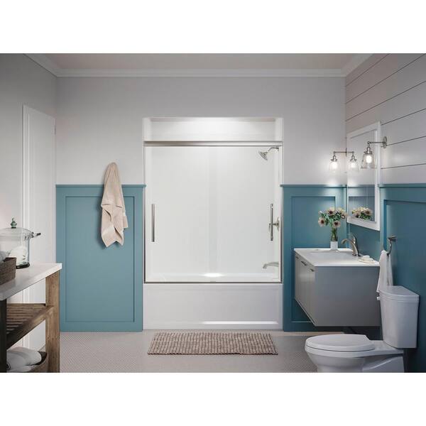 Pleat 59.625 in. x 63.5625 in. Frameless Sliding Bathtub Door in Anodized Brushed Nickel with Crystal Clear Glass Pleat 59.625 in. x 63.5625 in. Frameless Sliding Bathtub Door in Anodized Brushed Nickel with Crystal Clear Glass