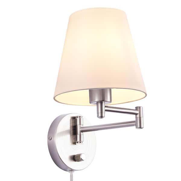 Merra Modern 1-Light Nickel Swing Arm Wall Lamp with White Fabric Shade and 72" Cord for Bedroom and Foyer