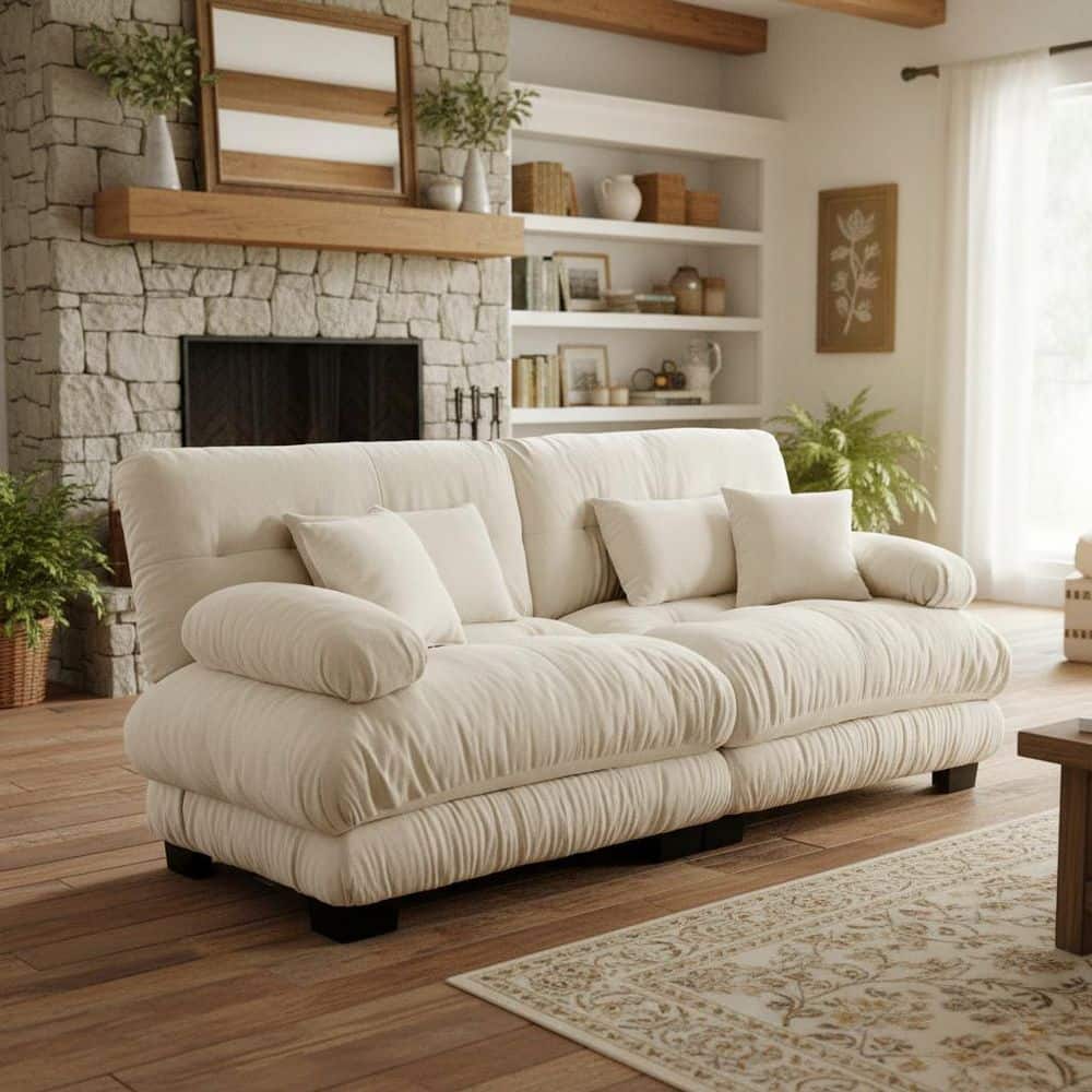 MINH 94.4 in. Pillow Arm 2-Piece Chenille Sectional Sofa with Deep Seat, 2 Lumbar and 2 Throw Pillows in Linen Beige