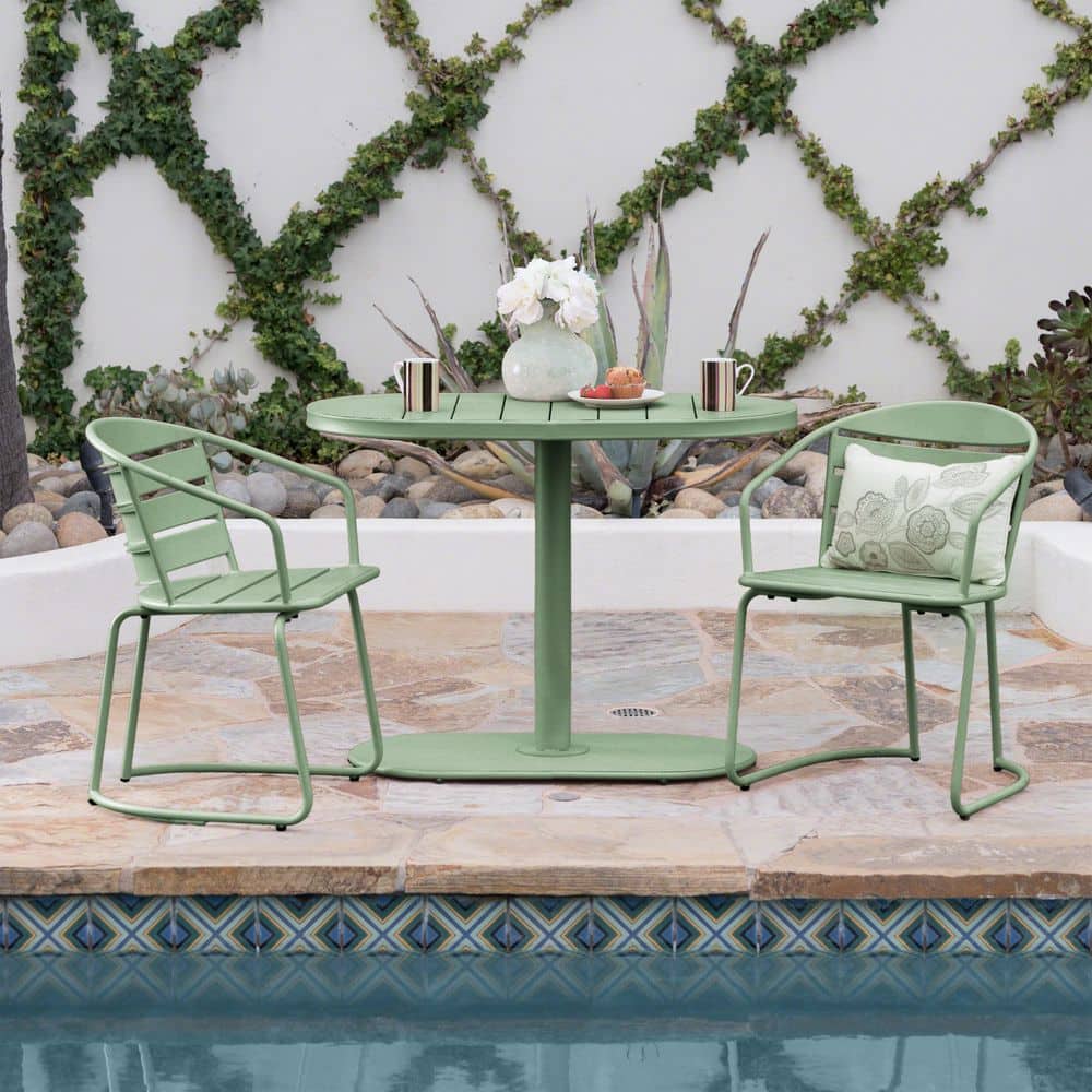 Tannis Modern Patio Matt Dark Green 3-Piece Metal Oval Outdoor Bistro Set