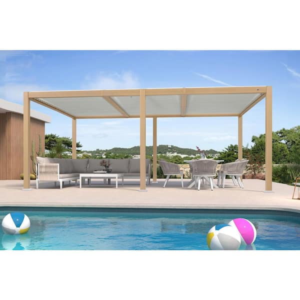 11.7 ft. x 18.2 ft. Wood Grain Aluminum Outdoor Louvered Pergola with 3-Individual Adjustable Roofs and In-Built Gutter