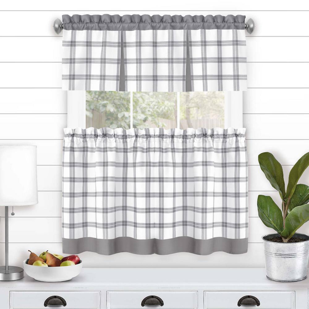 Gray Plaid Light Filtering Tier and Valance Curtain Set, 58" x 36"