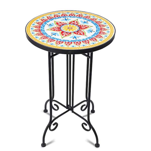 Metal and Ceramic Outdoor Side Table, Round Rustproof Patio Tables with 14" Ceramic Tile Top, Indoor Porch Accent Table