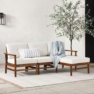 Dark Brown 3-Piece Acacia Wood Outdoor Modern Patio Chaise Sectional Seating Set with Ivory Cushions