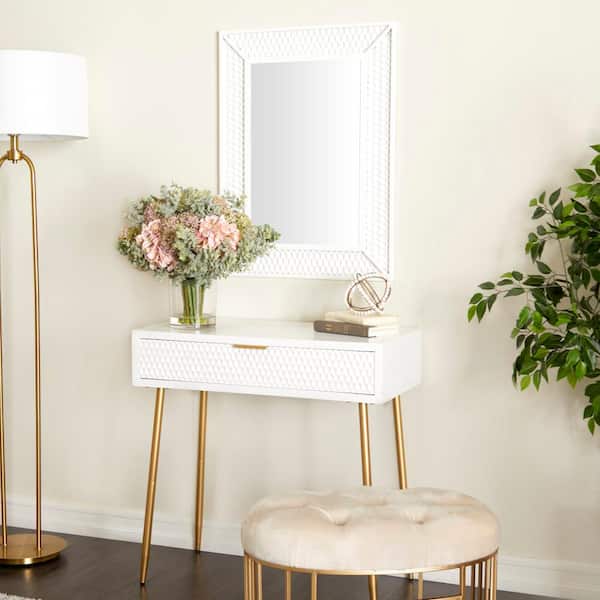 Litton Lane 31 in. White Extra Large Rectangle Wood Single Drawer Console Table with Mirror (2- Pieces)