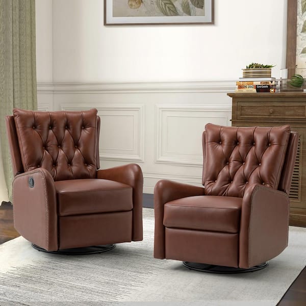 JAYDEN CREATION Joseph Genuine Leather Swivel BROWN Manual Recliner with  Wooden Arm Accents and Straight Tufted Back Cushion (Set of 2)  RCCZ0827-BRN-S2 - The Home Depot