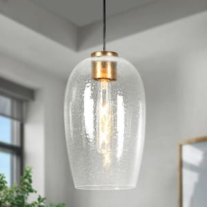 Modern 60-Watt 1-Light Satin Gold Oval Pendant Light with Seedy Glass Shade and No Bulbs Included