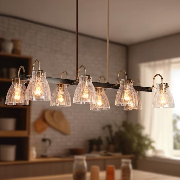 LNC Dawn Modern 8-Light Matte Black Island Chandelier with Crackle Textured Glass Shade