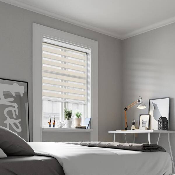 Chicology Cut-to-Size White Dove Cordless Light Filtering Dual Layer Privacy Polyester Zebra Roller Shade 61.5 in. W x 72 in. L