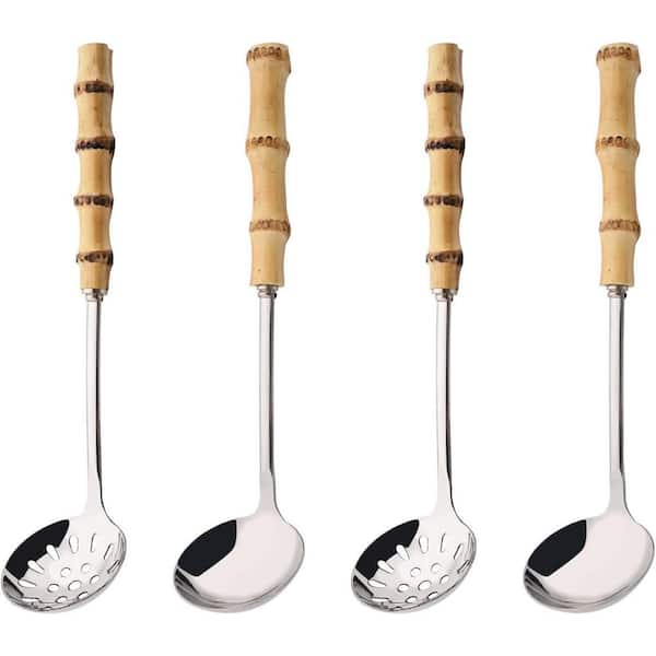 4-Piece Natural Bamboo Handle Stainless Steel Soup Ladle and Slotted Spoon Set Dishwasher Safe for Hot Pot