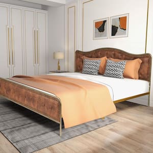 MERLE Brown Fabric Luxury Tufted Upholstered Metal Frame King Size Platform Bed Frame with Box Spring Not Required