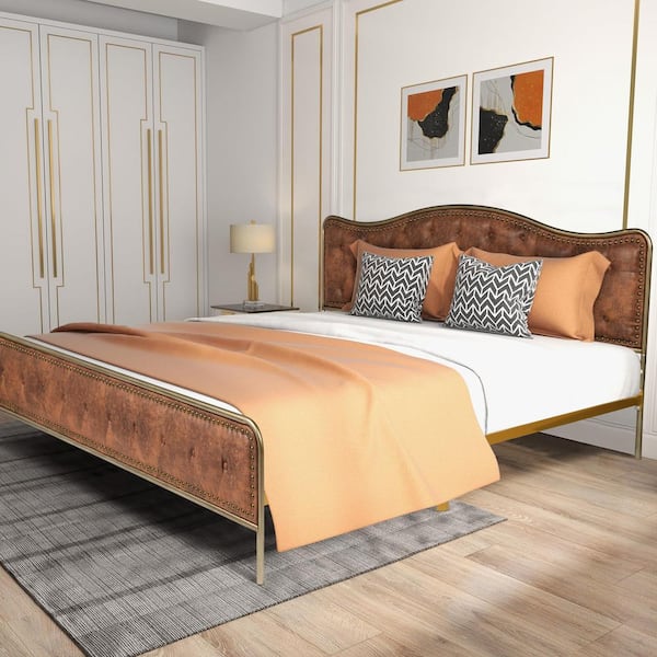 Homy Casa MERLE Brown Fabric Luxury Tufted Upholstered Metal Frame King Size Platform Bed Frame with Box Spring Not Required