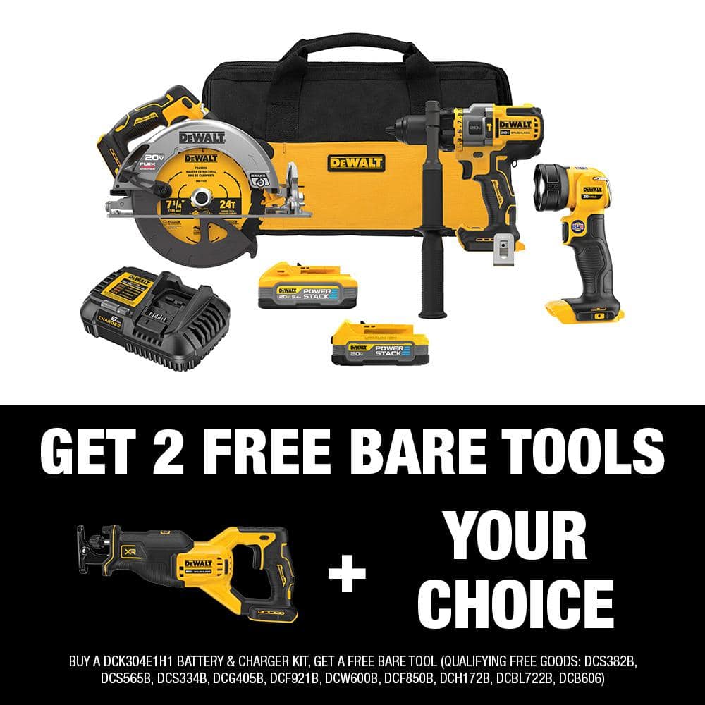 DEWALT 20V MAX Lithium-Ion Cordless 3-Tool Combo Kit and Brushless Reciprocating Saw with 5.0 Ah Battery and 1.7 Ah Battery -  DCK304E1H1W382B