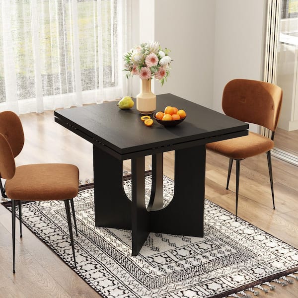 Modern Black Wood 33.4-47.2 in. Double Pedestal Dining Table with Transforming Top, Round to Square, Seats 4 for Kitchen