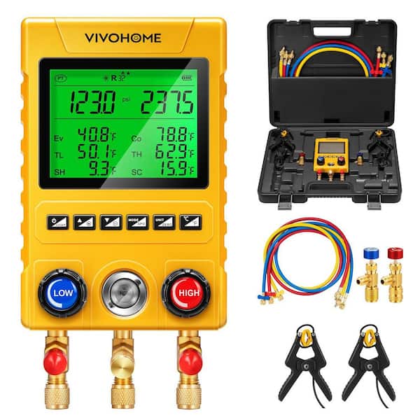 Refrigeration Digital HVAC Manifold Gauge Set with 2-Wired Temperature Clamp Probes and 3-Hoses Pressure and Temp Test