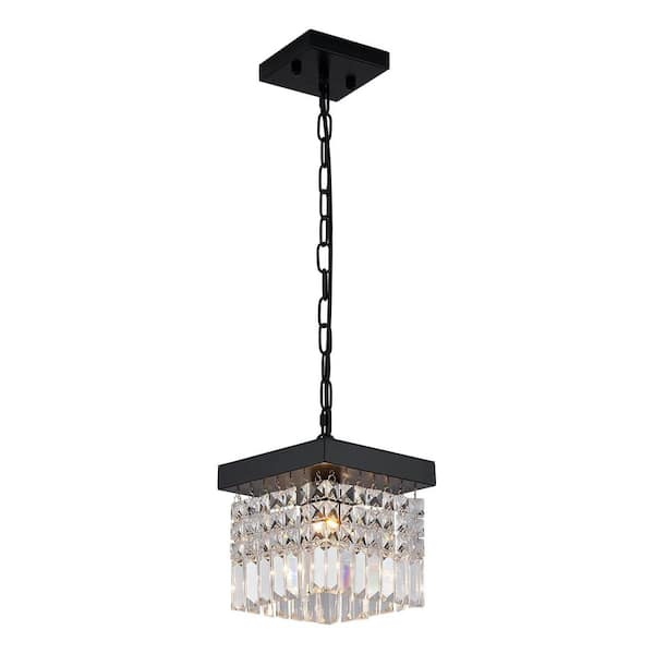 RICHARDERY 8 in. Modern 1-Light Black Square Crystal Pendant Light Small Chandelier for Kitchen Island