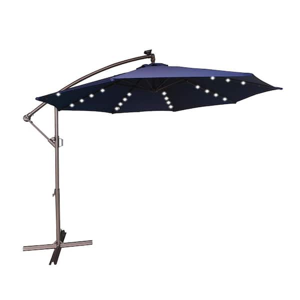 11 ft. Steel Pole Solar LED Offset Hanging Patio Umbrella with in 360° Rotation and Easy Crank in Navy Blue