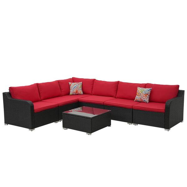 Runesay 7-Piece Wicker Patio Conversation Set with Red Cushions