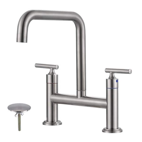 Double Handle Bridge Kitchen Faucet in Brushed Nickel