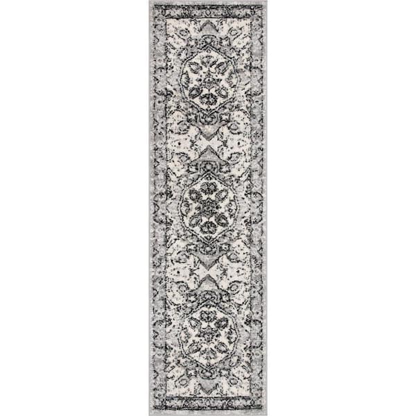 Ivory Grey 2 ft. x 7 ft. 3 in. Runner Mystic Arctic Bloom Vintage Medallion Oriental Area Rug