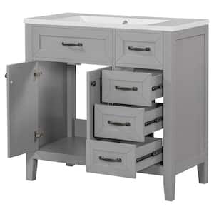 35.5 in. W x 17.7 in. D x 35 in. H Bathroom Vanity Cabinet in Gray with Drawers, White Ceramic Sink Top