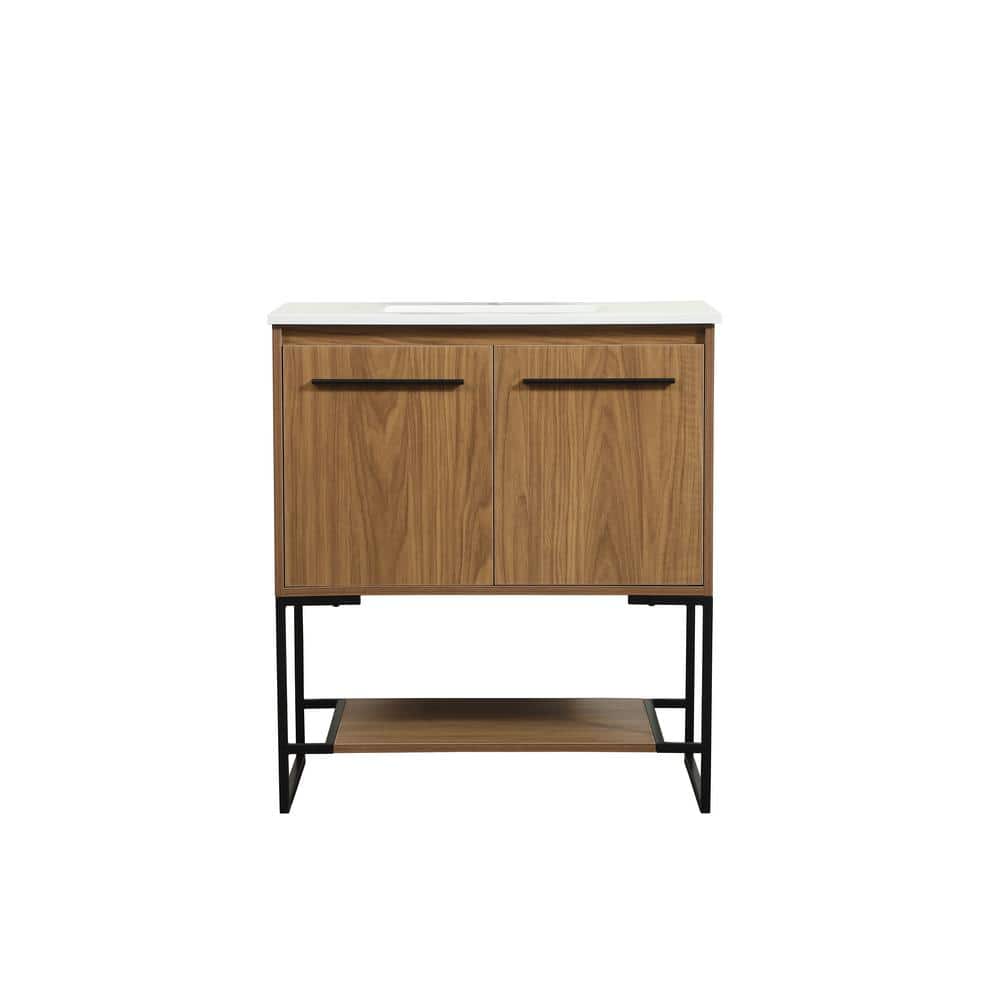 Simply Living 30 in. Single Bathroom Vanity in Walnut Brown with Quartz Van