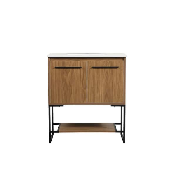Unbranded Simply Living 30 in. Single Bathroom Vanity in Walnut Brown with Quartz Vanity Top in Ivory White