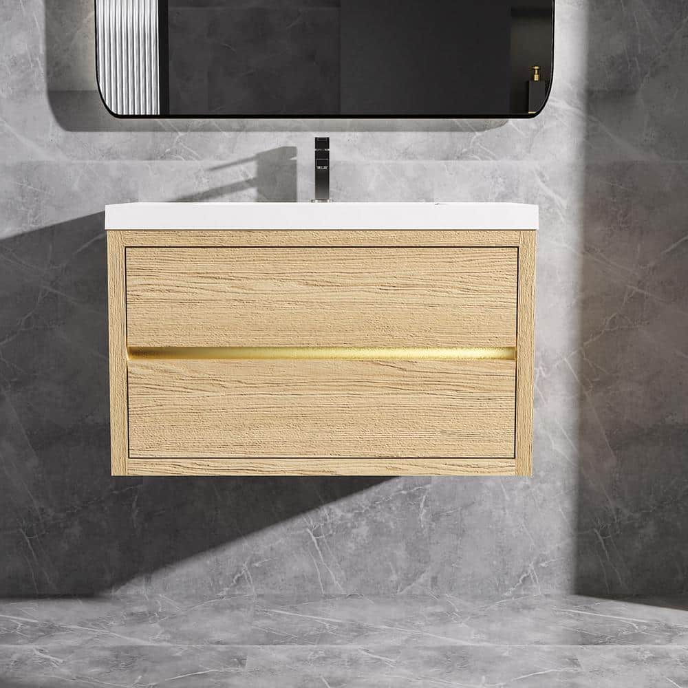 36 in. Wall-Mounted Floating Bath Vanity in Natural Oak with Single Solid Surface Sink Top in White price history on PriceWatchPro