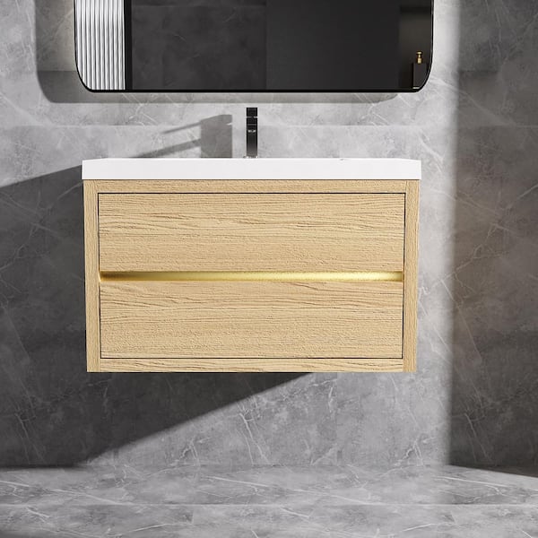 36 in. Wall-Mounted Floating Bath Vanity in Natural Oak with Single Solid Surface Sink Top in White