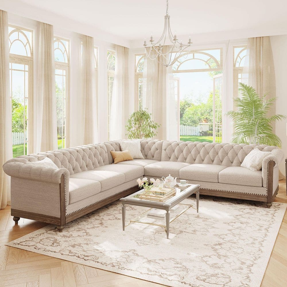 Noble House Glencoe 105 in. Flared Arm 3-Piece L-Shaped Polyester Sectional Sofa in Beige 105347