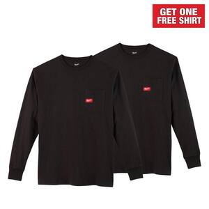 Men's Large Black Heavy-Duty Cotton/Polyester Long-Sleeve Pocket T-Shirt (2-Pack)