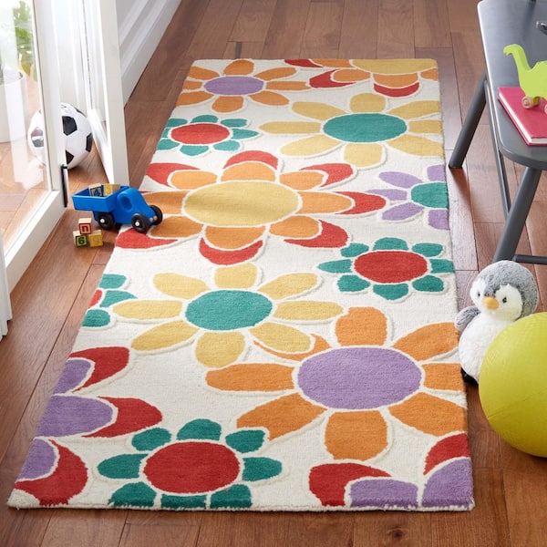 Kids 3 ft. x 8 ft. Ivory/Gold Oversized Floral Runner Rug