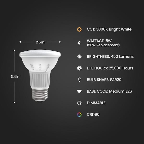 Feit Electric 50-Watt Equivalent PAR20 Dimmable CEC Title 24 Compliant LED ENERGY STAR 90+ CRI Adjustable Light Bulb, Bright White