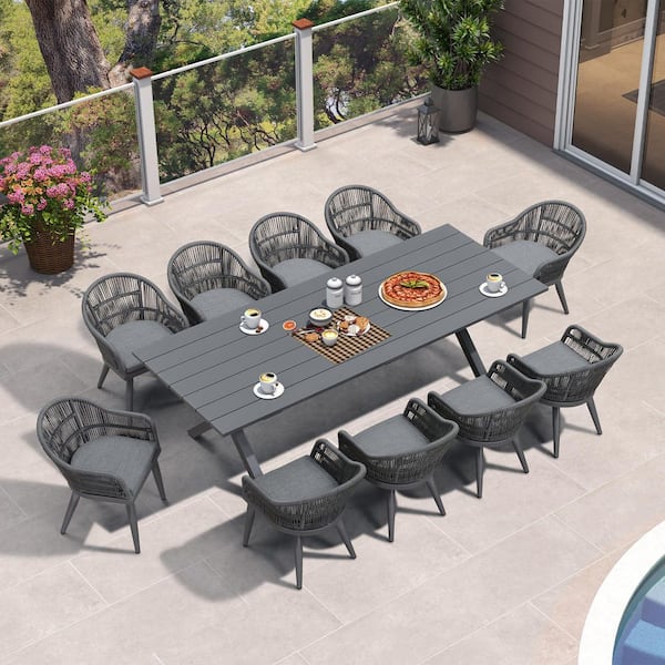 11 Piece Aluminum All-Weather PE Rattan Rectangular Outdoor Dining Set with Cushion, Grey